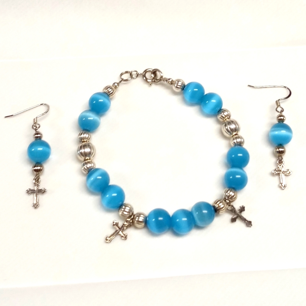 Royal Blue Cats Eye Cross Bracelet & Earring Set